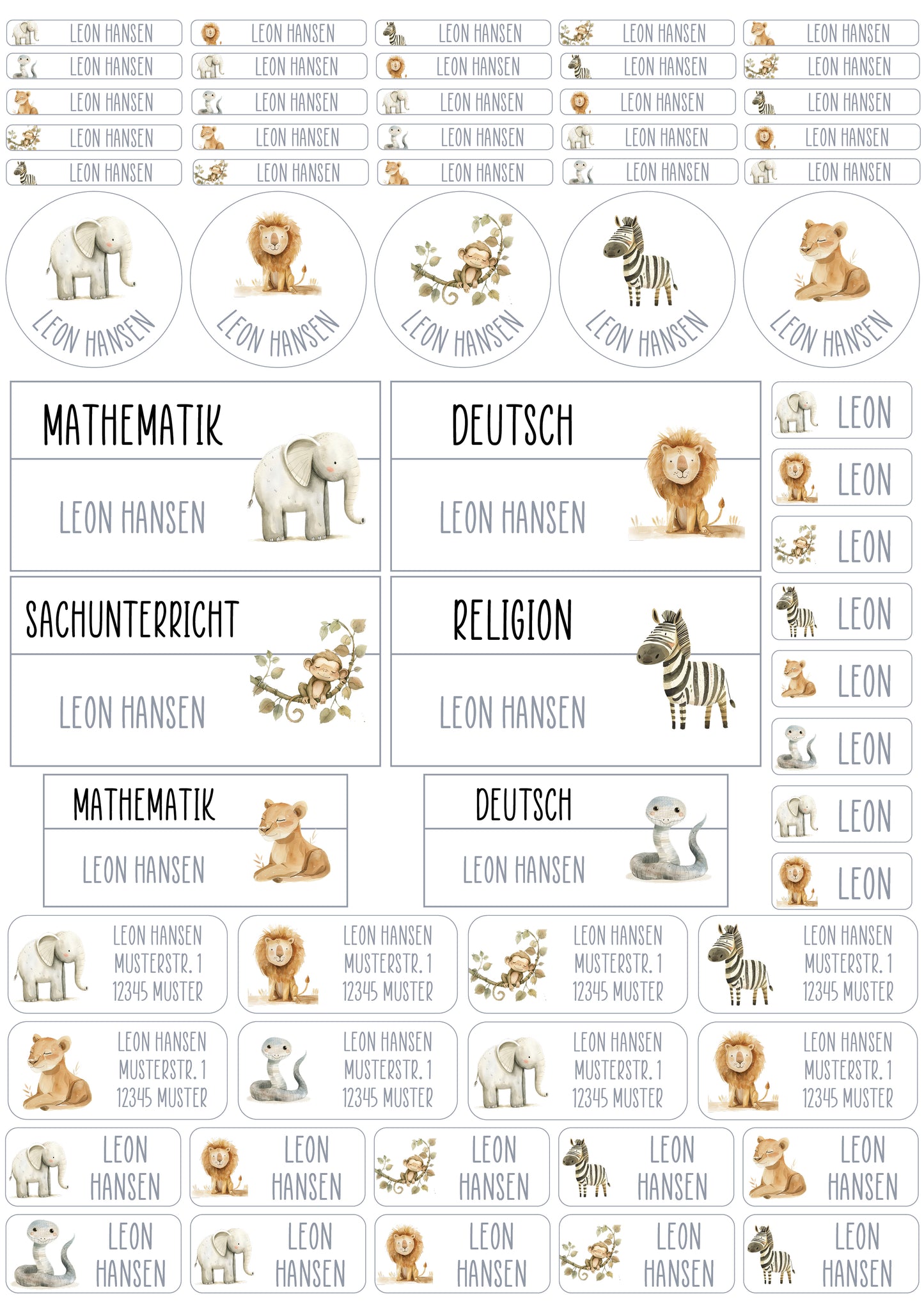 Schulset - 62 Aufkleber - Safari-Tiere