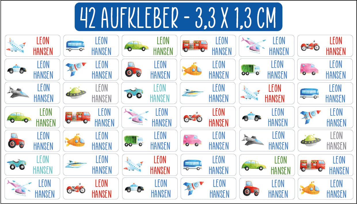Namensaufkleber für Kleidung und Gegenstände - Set Fahrzeuge