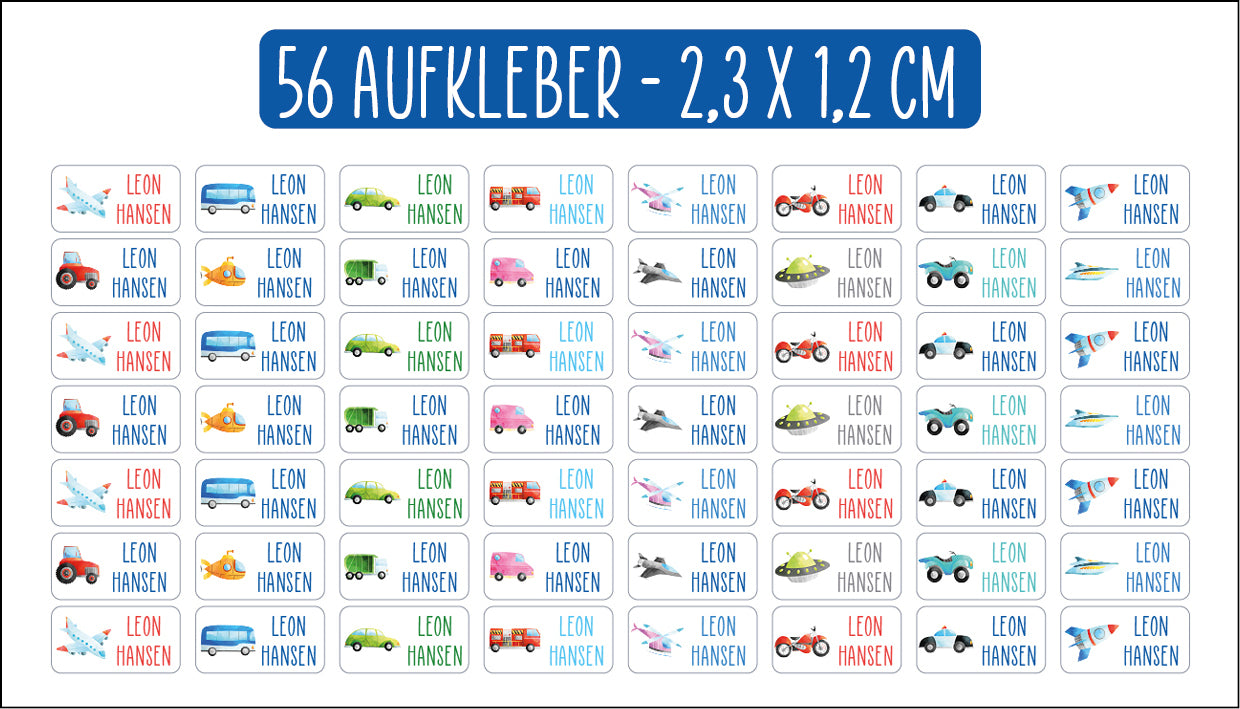 Namensaufkleber für Kleidung und Gegenstände - Set Fahrzeuge