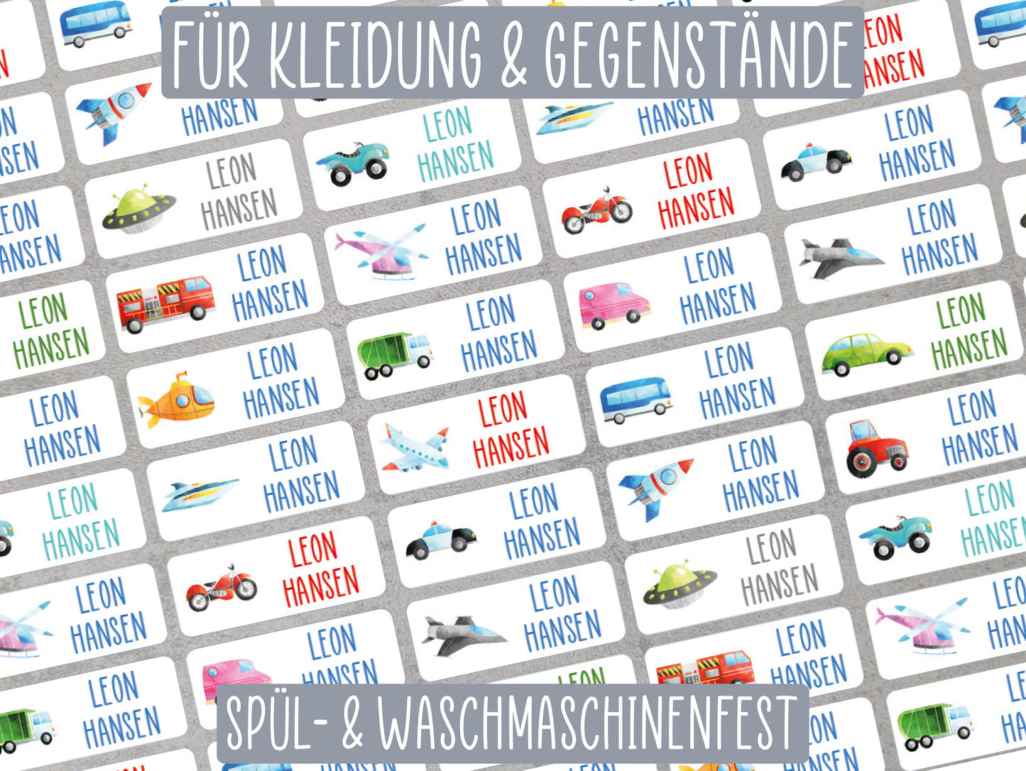 Namensaufkleber für Kleidung und Gegenstände - Set Fahrzeuge